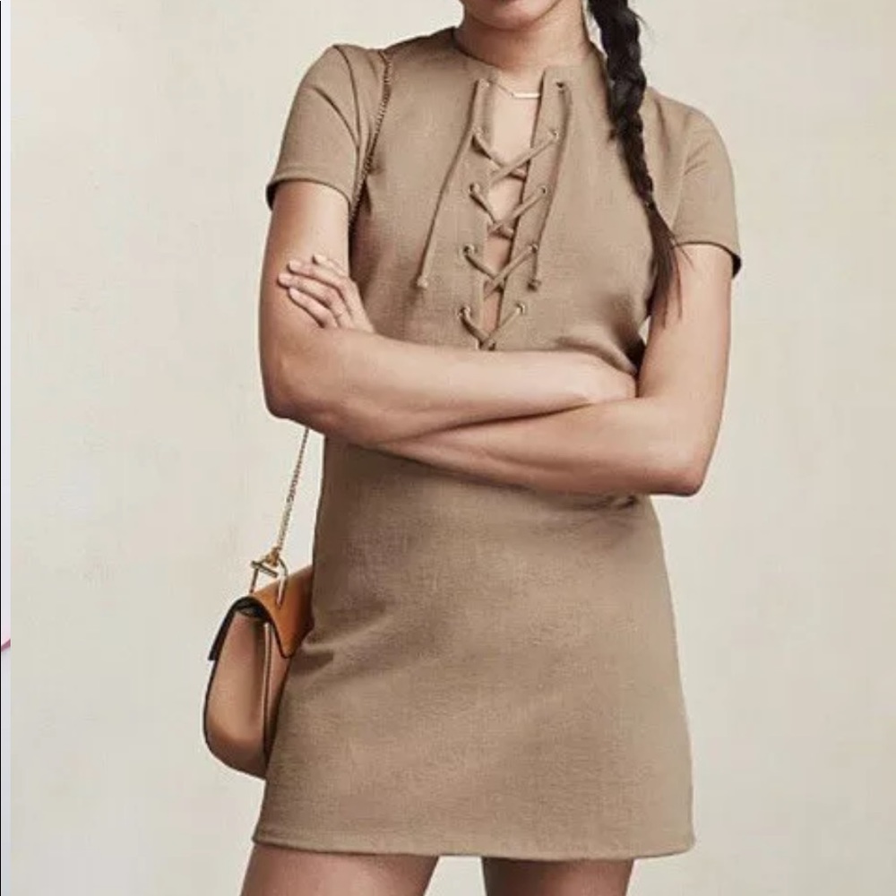 Reformation Caroline Lace Up T Shirt Dress in Tan